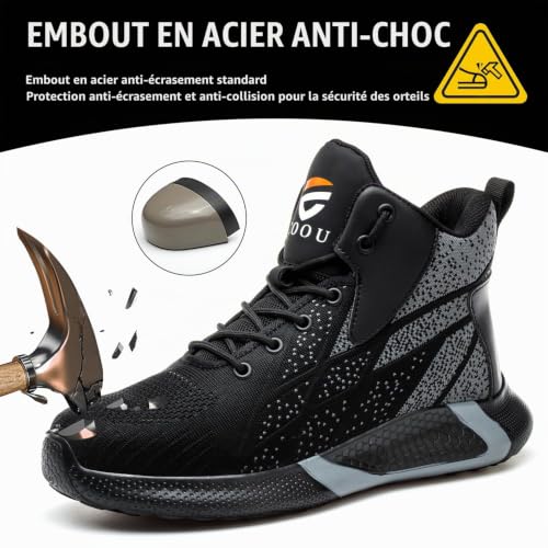 COOU Chaussures de Sécurité Montante Légère Basket de Securite Noir 42 – vue 3