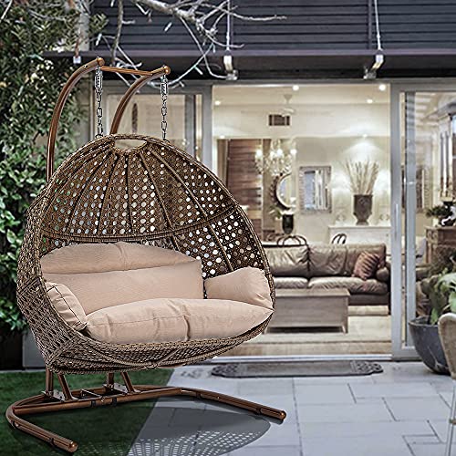 Hanging Egg Chair With Stand, 2 Person Heavy Duty Hanging Wicker Rattan Swing Chair Basket Hammock Nest Chair Seat For Indoor Outdoor Patio Lounger Swinging Loveseat (Beige) #TOP1