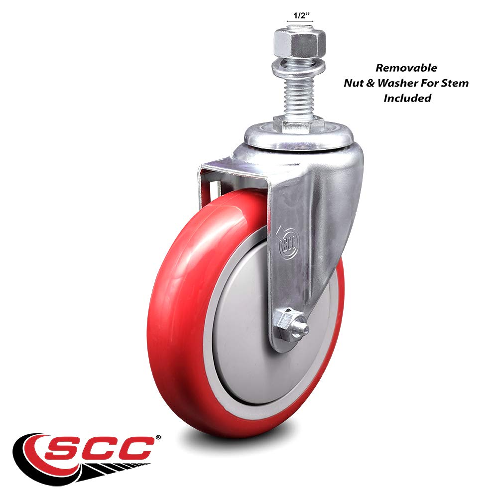 5" Swivel Caster with 1/2" Threaded Stem and Red Polyurethane Wheel - 350 lbs. Capacity - Service Caster Brand