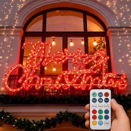 Rossesay Lighted Merry Christmas Sign Decoration Extra Large Green and Red LED Neon Pre Lit Display Outdoor Christmas Yard Decoration Garden Waterproof(Vivid)