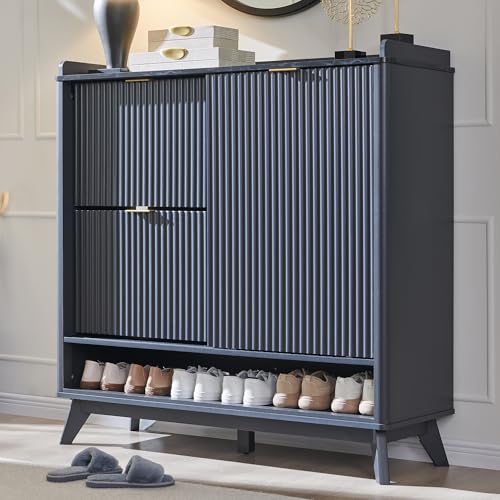 T4TREAM Fluted Shoe Storage Cabinet with 2 Flip Drawers & Sliding Door, 47" Wide Freestanding Shoe Organizer for Entryway, Hallway - Dark Grey