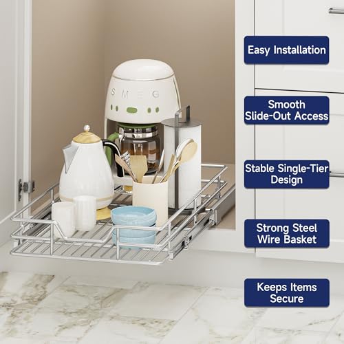 LUXEYARD Pull Out Cabinet Organizer, 15.5" W x 21.5" D, Heavy Duty Chrome Slide Out Shelf for Base Cabinets, Sliding Wire Basket Drawer for Pantry Items, Bowls, Containers & Cleaning Supplies by LUXEYARD - Used condition - Image 4