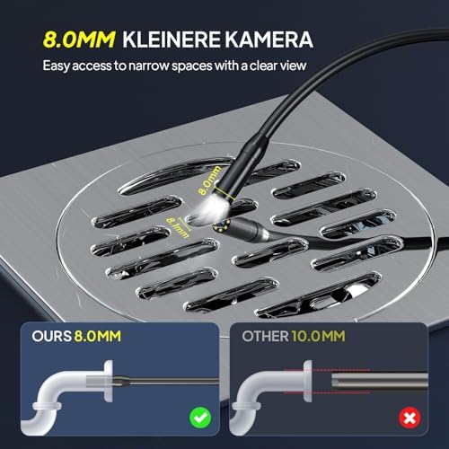 Bild 2 - Endoskopkamera mit Licht, QIMIC Endoskop 1080P HD Rohrkamera Kanalkamera mit 8 LEDs, 2.4" IPS IP67 Bildschirm Inspektionskamera Livebild mit 2X Zoom Halbstarres Kabel 16.4FT, 2000mAh Akku