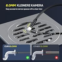 Endoskopkamera mit Licht, QIMIC Endoskop 1080P HD Rohrkamera Kanalkamera mit 8 LEDs, 2.4" IPS IP67 Bildschirm Inspektionskamera Livebild mit 2X Zoom Halbstarres Kabel 16.4FT, 2000mAh Akku – Ansicht 3
