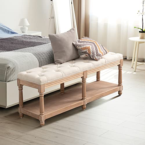 Bonzy Home Tufted Extra-Long Entryway Bench with Shoe Storage, 45” French Vintage Bedroom Benches Upholstered Dining Benches, Fabric End of Bed Bench for Bedroom Dining Room Living Room, Beige
