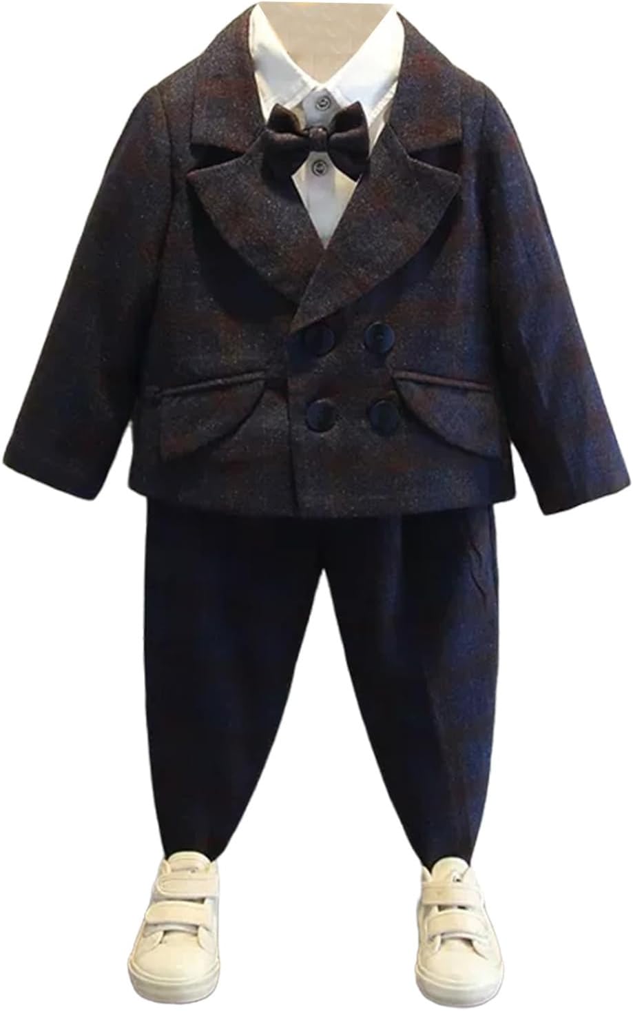 Boy's Checked Suit 2-Piece Set Double Breasted Buttons Party Casual Tuxedos Jacket Pants