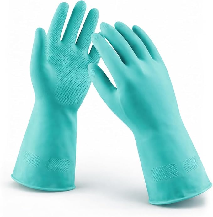 Image of LADWA Premium Rubber Cleaning Gloves, Green Color Reusable Waterproof Household Gloves for Kitchen Cleaning, Dishwashing, Gardening and Bathroom Use with Comfortable Grip (Pack of 1 Pair)