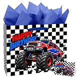 Monster Truck Gift Bag with Handles, Tissue Paper and Greeting Card for Monster Truck Birthday Decorations