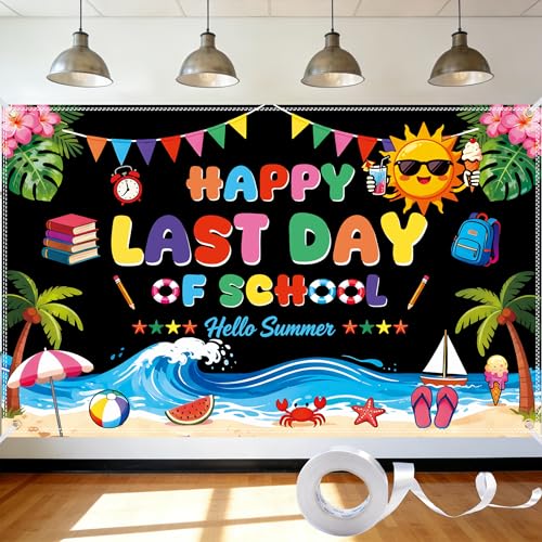 Happy Last Day of School Banner 6x4FT Last Day of School Backdrop Party Decorations with 4 Brass Grommets and Ribbon, Double Stitched for School Celebrations, and Photography Backdrop