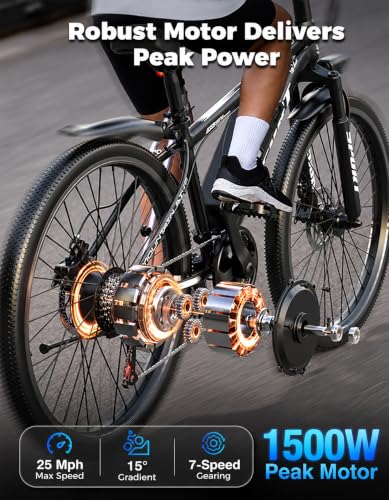 Electric Bike for Adults Teens, 1500W Peak Mountain Ebike, 7-Speed E-bike | 25 MPH Top Speed, 45 Miles Long Range, 48V Battery, 26" Tire Electric Bicycle for City Commuter, 5 Modes, Front Suspension — view 2
