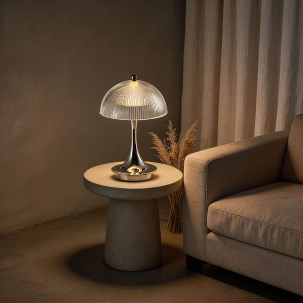 AoLa Pilz Tischlampe Kabellos Akku Pilz Lampe LED Dimmbare Tischleuchte mit Touch Control USB Aufladbar Batteriebetrieben Nachttischlampe Ohne Kabel Mushroom Lamp für Schlafzimmer Esstisch,Chrome
