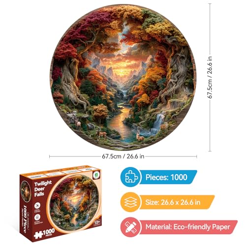 Puzzle redondo 3D de 1000 piezas para adultos, escena de naturaleza con ciervo, cascada y atardecer miniatura 2