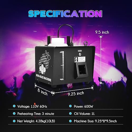Side view of the MOKA SFX Mini Haze Machine with dimensions: 9.25 inches length, 8 inches width, and 9.5 inches height.