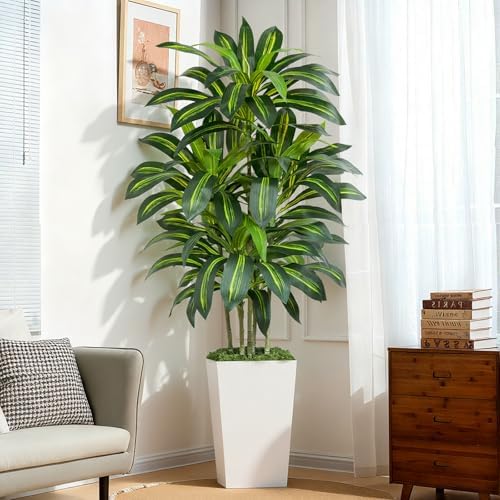 Keeplush Kunstpflanze Dracaena Pflanze 180cm mit Weißem Pflanzgefäß, kunstpalme groß wie echt mit 108 Blätter, Kunstbaum für Innendekor Wohnzimmer Schlafzimmer Büro Garten Haus Dec