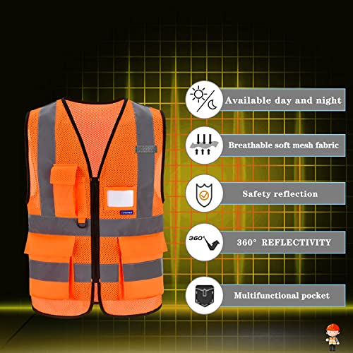 Image of ANSI /ISEA Standard Class 2 Hi-Vis Vest, Clear ID, Zip, Orange, 2XL | Orange 2XL Class 2 safety vest with 7 pockets, reinforced pockets and front zipper for railway operations and road work.