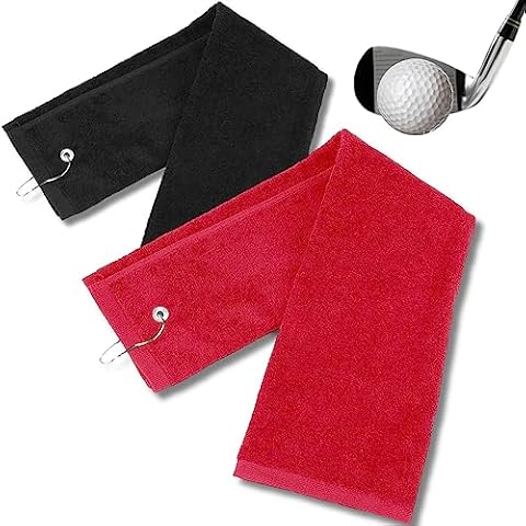 Zeltauto 2 Pack 16"x25" Tri-fold Golf Towel with Metal Bag Clip, Cotton Terry Cloth Golf Towels for Men Lover Boyfriend Dad Gifts(Black+Red) Cover
