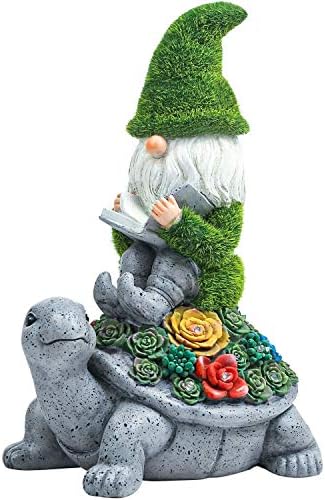 Garden Statue Gnome Cute - Large Outdoor Gnome Statue Sculptures with Solar Lights, Resin Gnome Figurine Sitting on Turtle with Umbrella for Home Patio Yard Lawn Porch Decorations