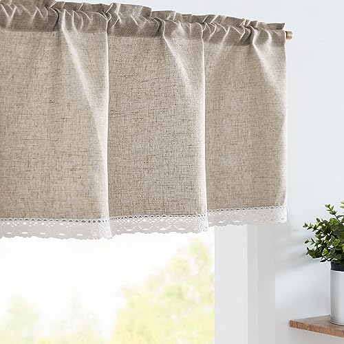jinchan Linen Valance with Lace Trim Farmhouse Rustic Valance Curtain for Window 16 Inch Small Window Treatment for Living Room Dining Room Semi Sheer