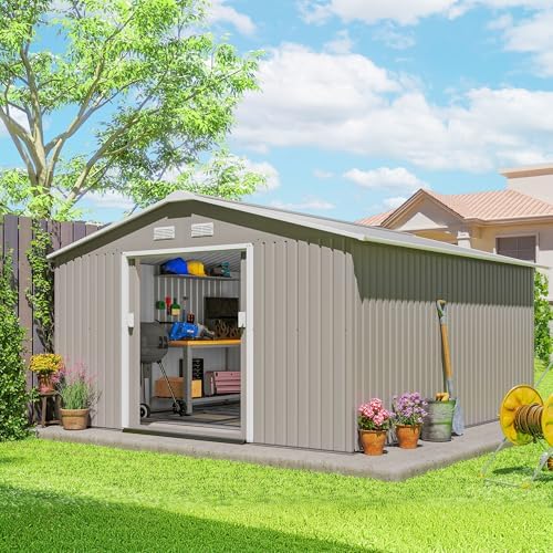 Outsunny 11' x 13' Garden Storage Shed with Foundation Kit, Metal Tool Storage House with Double Doors for Outdoor Patio Yard, Light Grey