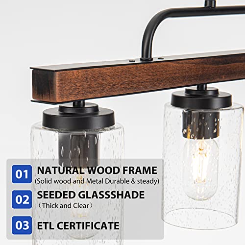 Dining Room Light Fixture 4-Light Kitchen Island Lighting Farmhouse Chandeliers For Dining Room With Seeded Glass Shade Rustic Wood Chandelier Over Table Black Metal Pendant Light Fixtures For Kitchen #TOP5