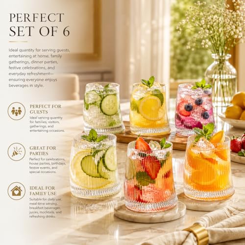 Image of bellemax 300ML Juice and Water Glass Stylish Crystal Highball Drinking Glasses, Medium Size Tumbler Glasses for Juice, Water, Milk, lassi, Cocktails and Sharbat (Set of 6)