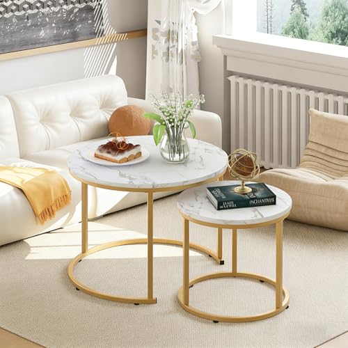 aboxoo Coffee Table Nesting White Set of 2 Side Set Golden Frame Circular Round and Marble Pattern Wooden Tables, Living