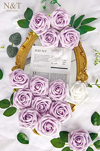 N&T Nieting Artificial Wedding Flowers 25 Pcs Lilac Roses Fake Roses With Long Stems For Decortion Mother Day Baby Shower Arrangements Bouquets #TOP6