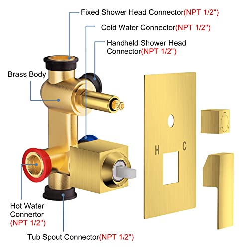 Jomeoo 12 Inch Brushed Gold Shower Head With Tub Spout, 3 Function Wall Mounted Bathtub Shower Faucet Set, Bathroom High Pressure Rain Shower Head With Handheld Sprayer Rough In Valve Body And Trim #TOP5