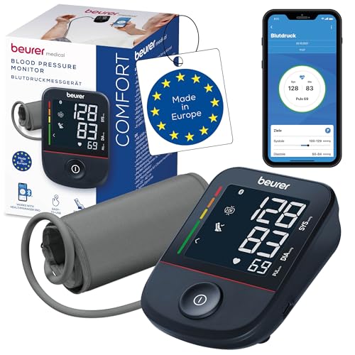Beurer BM 48 Oberarm Blutdruckmessgerät, einfache Ein-Knopf-Bedienung, sanfte & schnelle Messung, Arrhythmie-Erkennung, Manschette, mit App, Datenübertragung zu Apple Health und co., Schwarz