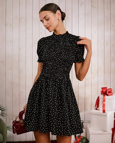 Image of RIHOAS Plaid Gingham Midi Dress Short Sleeve Smocked Dresses for Women | Cotton,Ruffle Puff Sleeves,Vintage Brown,Spring Summer Casual Daily,Picnic,Travel,Vacation,Christmas Festive Occasions