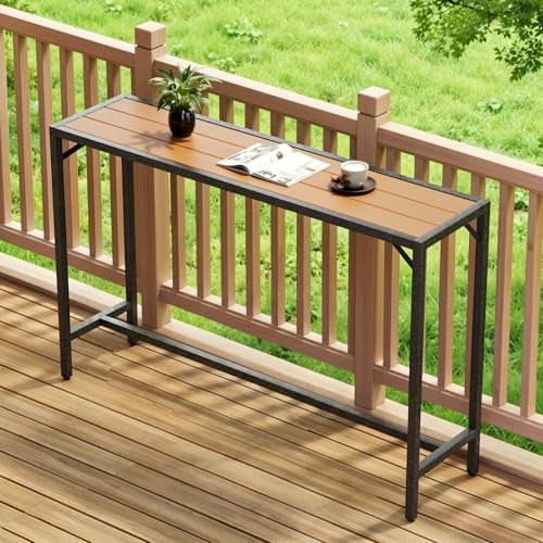 TLSUNNY 55" Patio Bar Table, Sturdy Outdoor Counter Height Table, Teak