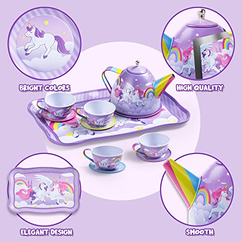 image for JOYIN Unicorn Tea Party Set for Little Girls, Pretend Purple Tin Teapo
