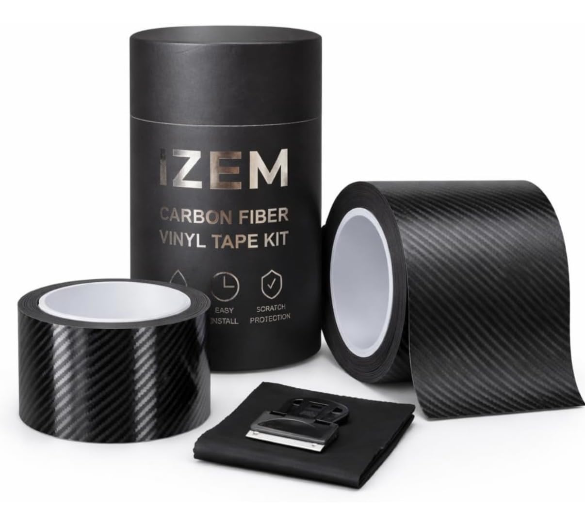 IZEM Premium Carbon Fiber Vinyl Wrap Tape Kit for Cars – 2-Pack 6D Gloss Black & 4D Matte Black, 2”×33ft & 4”×16ft, Waterproof Scratch Protection Film, Easy Install with Squeegee & Microfiber Cloth
