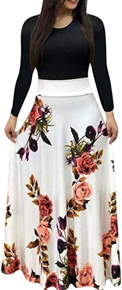 Uinolo Womens Short Sleeve Floral Printed Splicing Color Prom Cocktail Swing Long Maxi Dress