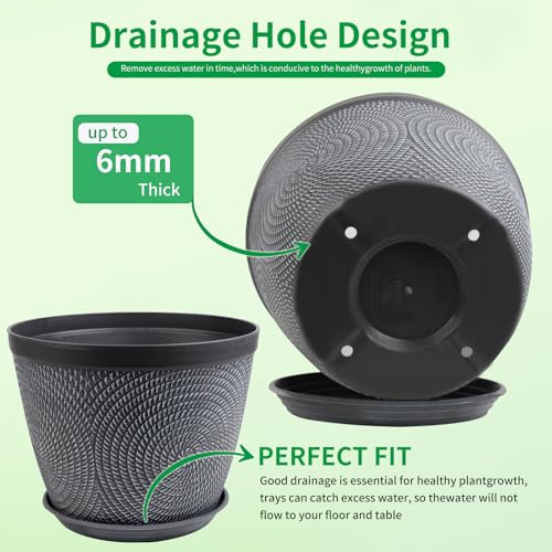 Quarut 4 Pack 8 Inch Flower Pots Planters for Outdoor Indoor, Plastic Plant Pots with Drainage Hole & Tray, Modern Decorative Garden Pot with Saucer, planters for House (Gray)