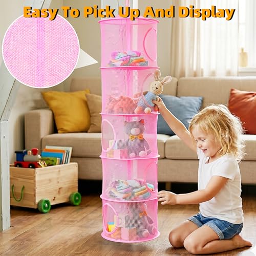 coastal rose 2Pcs Stuffed Animal Storage Foldable Stuffed Animal Net or Hammock Organizer, 5 Compartments Hanging Mesh Toy Storage Hammock for Kid Room Toys, Gloves, Hats, Socks（Pink） by coastal rose - Image 3
