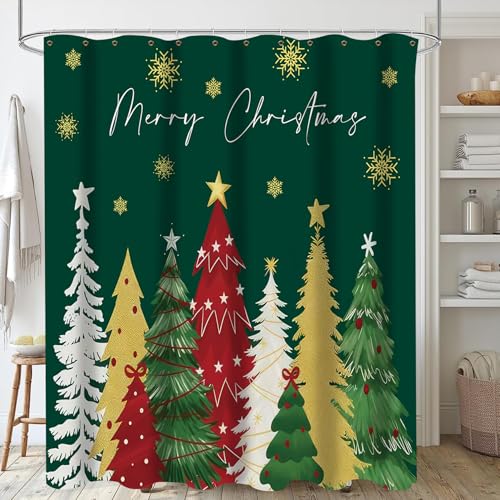 Rideau de douche de Noël haut de gamme en polyester vert imperméable avec motifs de sapins