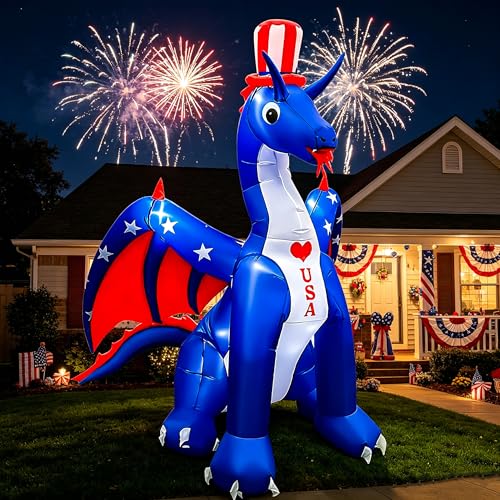 BLOWOUT FUN 8 FT Independence Day Inflatable Dragon with America Style Decorations Patriotic 4th of July for Home Yard Lawn Garden Indoor Outdoor Memorial Day Decor