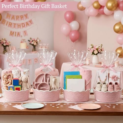 8 Pack Scalloped Small Woven Basket with Gift Bags and Ribbons 12"x 8"x 5" Cotton Rope Storage Organizer with Handles Cute Empty Gift Basket for Nursery Birthday Baby Shower, Pink — 사진 2