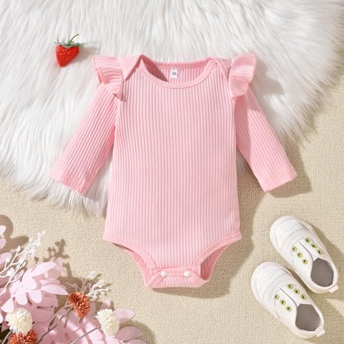 Image of Aalizzwell Preemie Newborn Infant Baby Girls Clothes Ribbed Romper Bodysuit Pants Set Fall Winter Outfits