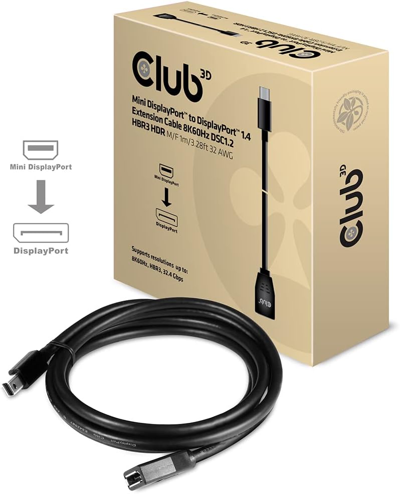 Club 3D Mini DisplayPortTM to DisplayPortTM 1.4 Extension Cable 8K60Hz DSC1.2 HBR3 HDR M/B. 1 Metre 32AWG