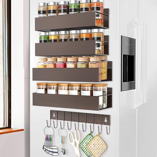 SMRCAD Magnetic Spice Rack 4 Pack with Hook – Heavy-Duty, No Drilling