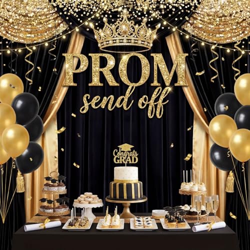 Tingjoo Prom Send Off 2026 Backdrop Black and Gold Graduation Decorations 71 x 78.7 Inch Gold Crown Class of 2026 Congrats Grad Photo Background Banner for Graduations Party Favors by Tingjoo - Used condition - Image 5