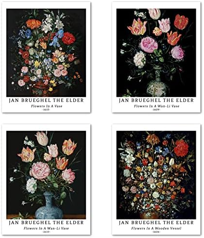 Wall Art Unframed Prints Giclee Art Paper Set of 4, 8x10 inch Classic Flower Artwork, Office Decoration Botanical Teal Minimalist Nature Illustrations Leaf Frameless Jan Brueghel The Elder Painting