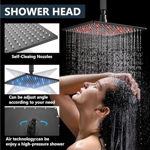 Aolemi Ceiling Mount Shower Faucet Set with Handheld Spray High Pressure Shower Faucets Sets Complete Rough-in Valve and Shower Trim Kit System Included Rainfall Matte Black 12 Inch LED Shower Head by Aolemi - Used condition - Image 3