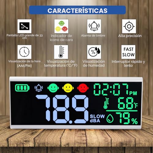 Miniatura 2 de Medidor De Decibelios De 13 Pulgadas, Medidor De Nivel De Sonido De Pared Y Mesa, Gran Dispositivo Led Para Mostrar Decibelios, Hora, Temperatura Y Humedad Con Zumbador Y Alarma De Símbolo Para Aulas