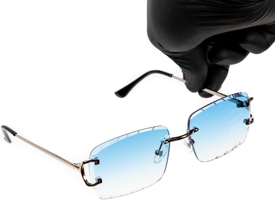 Rimless Gem Cut Unisex Square Trendy Retro 90's Hip Hop Hand Carved Sky Blue Gradient Tint Lens Silver Wire Frame Sun Glasses Frameless Rectangle Summer Shades Sunglasses For Men And Women