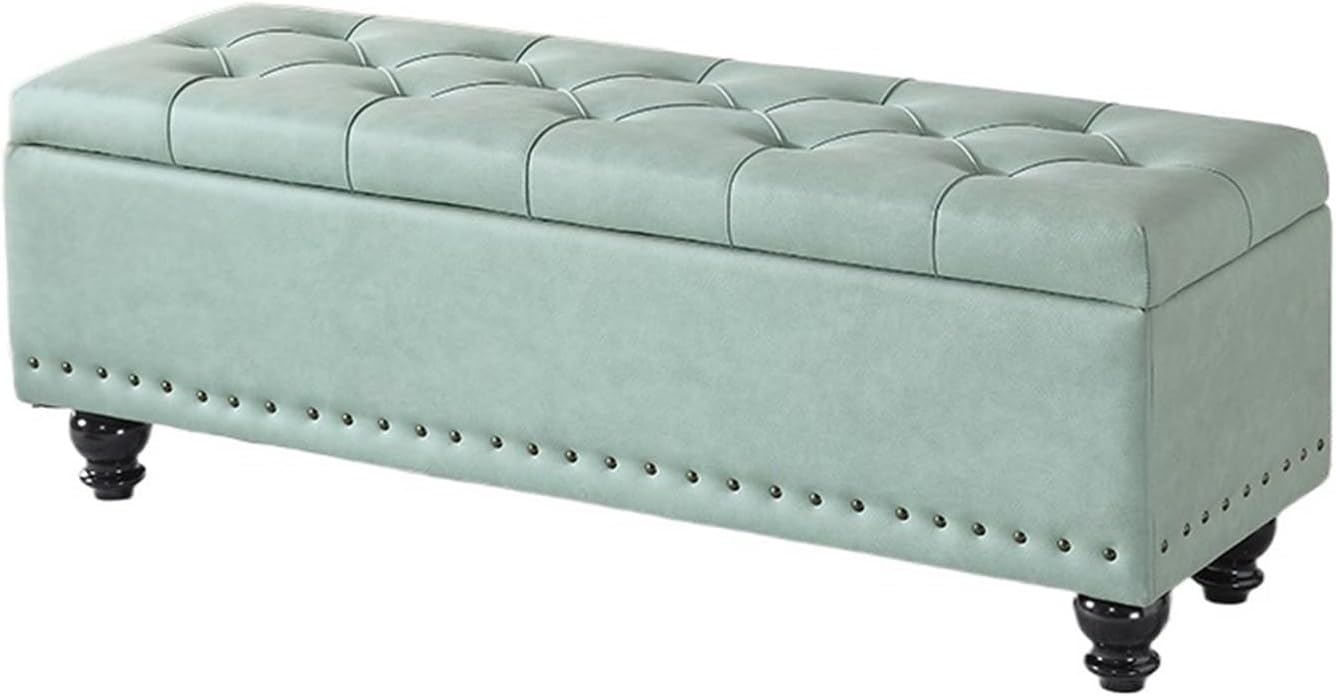 End Stool Storage Bench, Storage Ottoman Bench, Modern Button Tufted Ottoman for Bedroom, Living Room, End of Bed, Hallway – Large Ottoman Foot Rest with Safety Hinges Long Bench(Blue)