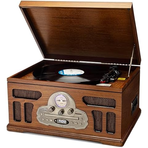 SoundBeast All-in-One Turntable with 3-Speed Record Player, Bluetooth, CD, Cassette Tape, AM/FM Radio, USB, Built-in Speakers, Handmade Wooden Exterior Cover