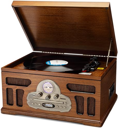 SoundBeast All-in-One Turntable with 3-Speed Record Player, Bluetooth, CD, Cassette Tape, AM/FM Radio, USB, Built-in Speakers, Handmade Wooden Exterior by SoundBeast - Used condition - US$157.35